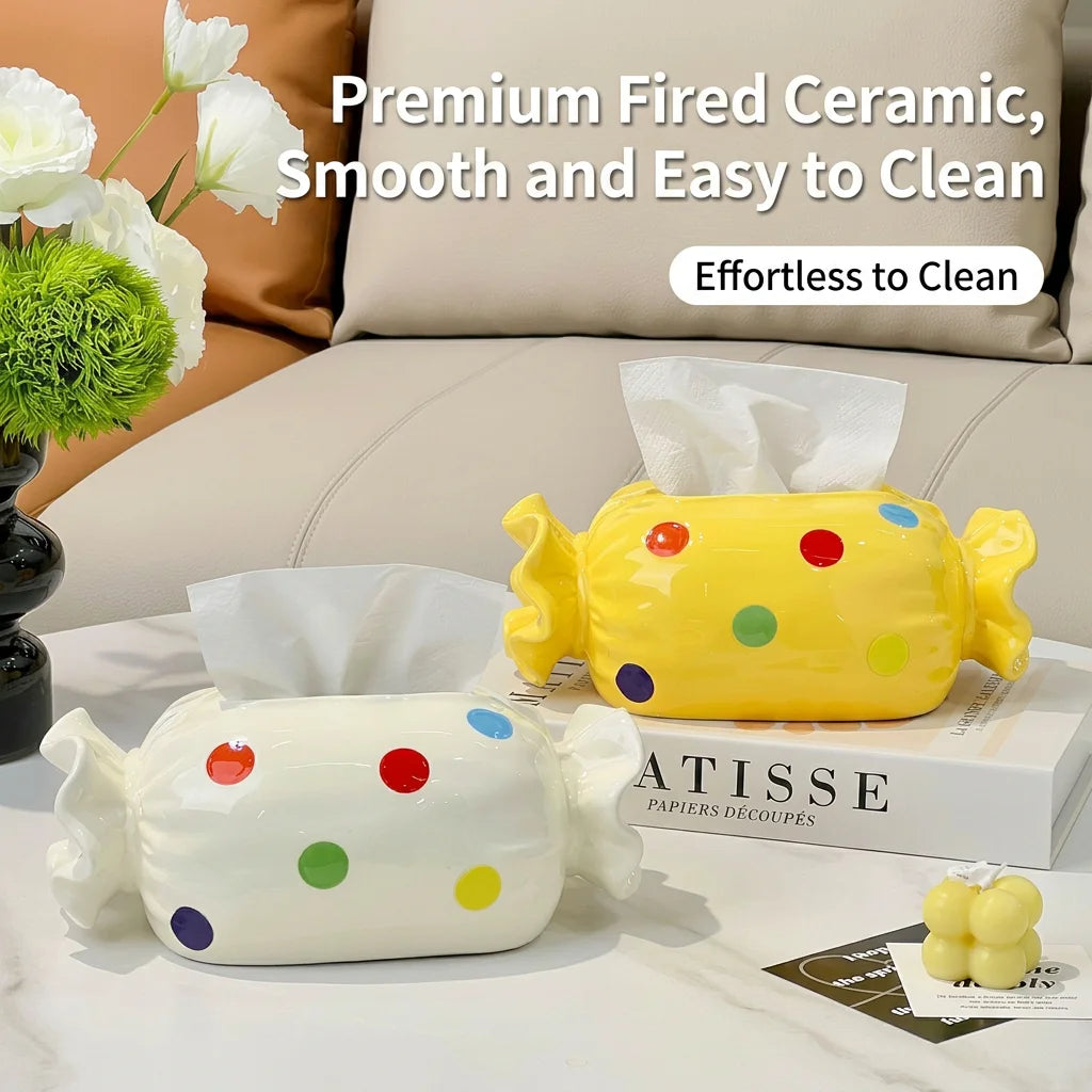 Ceramic Candy Tissue Box | Cute Polka Dot Home Decor Holder