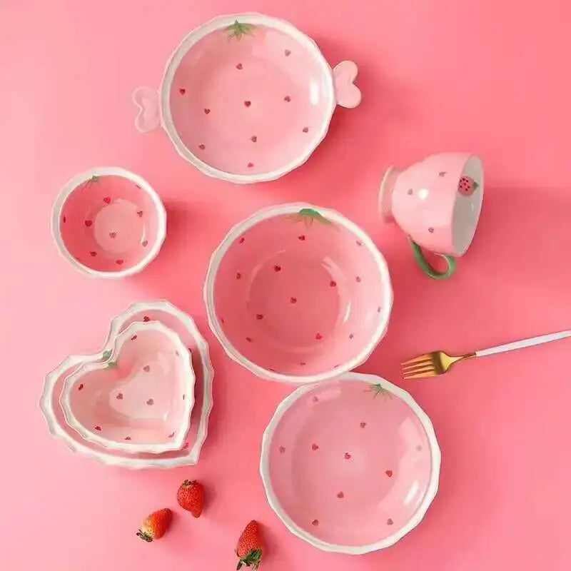 Strawberry Love Pink Plate And Bowl Ceramic Tableware Hand-painted Plate For Household Girls And Kids Oasis Select