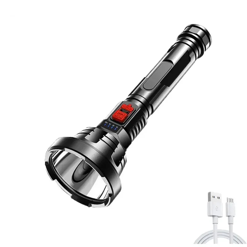 Big Strong Light LED Flashlight USB Rechargeable Tactical Hunting Camping Lantern Built in Battery Flash Light Power Display Oasis Select 901 Black