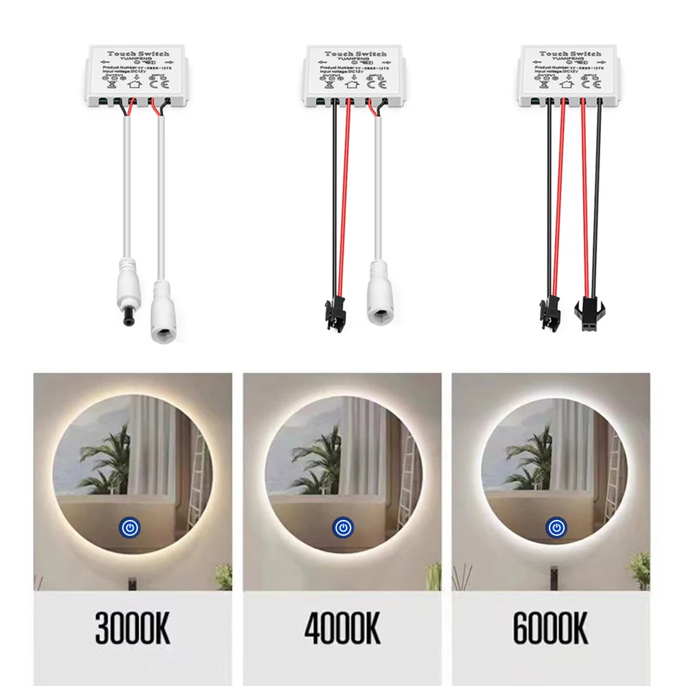 12V 5A Bathroom Mirror LED Dimmer Switch Capacitive CCT Adjustable Touch Sensor for Mirror Lights Backlight Decoration Oasis Select