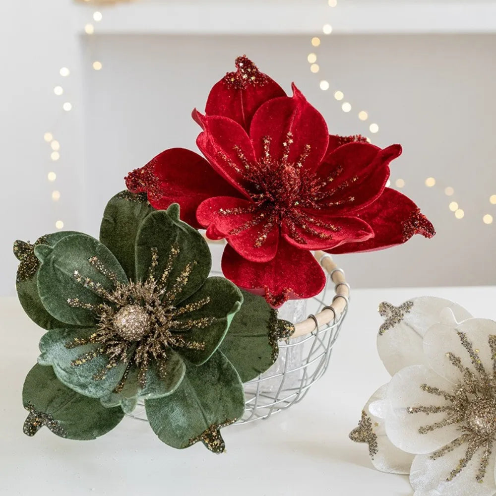 Christmas Artificial Poinsettia Glitter Flower Sequin Flannel Fake Flowers Photography Props Wedding Party Decoration Oasis Select