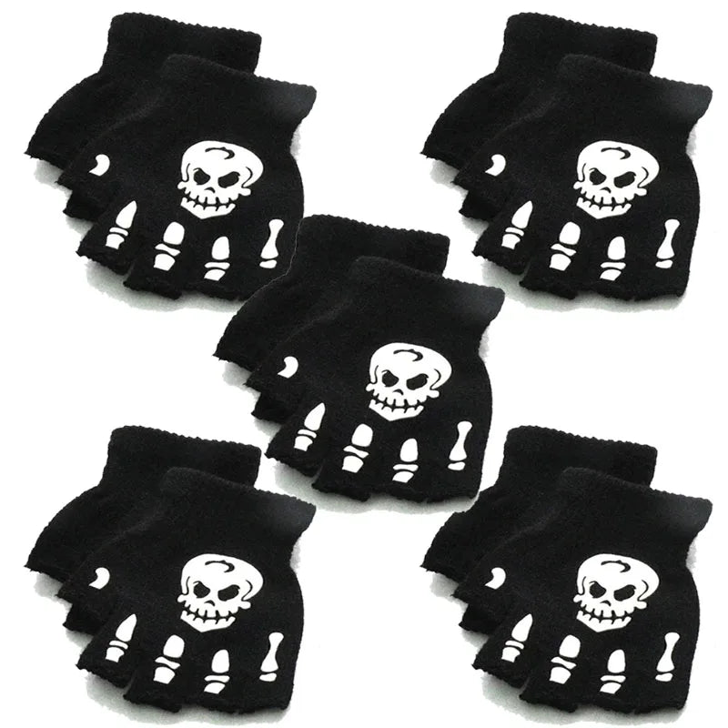 1/3/6Pairs Unisex Adult Halloween Skeleton Skull Half Finger Gloves Glow In The Dark Fingerless Stretch Knitted Winter Mittens Oasis Select 01-5pairs