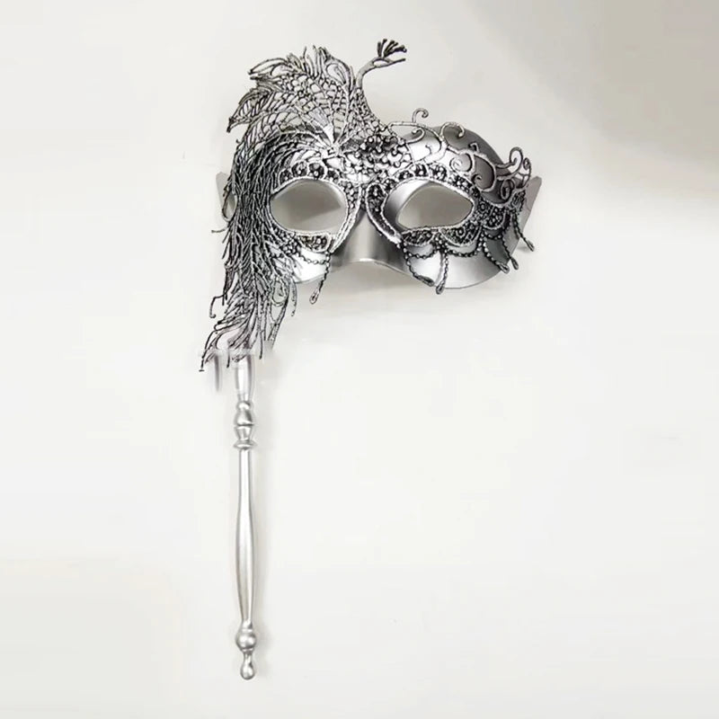 Venetian Masquerade Mask with Holding Stick for Women Feather Mardi Gras Masks Masquerade Ball Masks for Women Oasis Select Silver