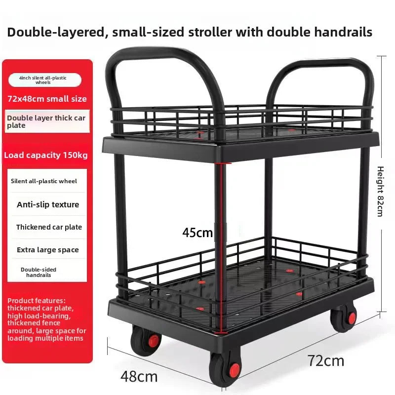 Multi-functional trolley double-layer trolley plastic stall pulling goods silent wheel steering wheel tool cart truck Oasis Select