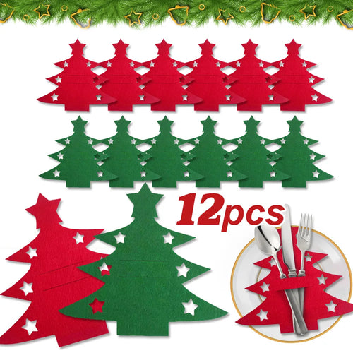 12pcs, Christmas Tree Placemats, Felt Fork and Spoon Bag Set, Suitable for Christmas and Other Holiday Party Table Decoration Oasis Select