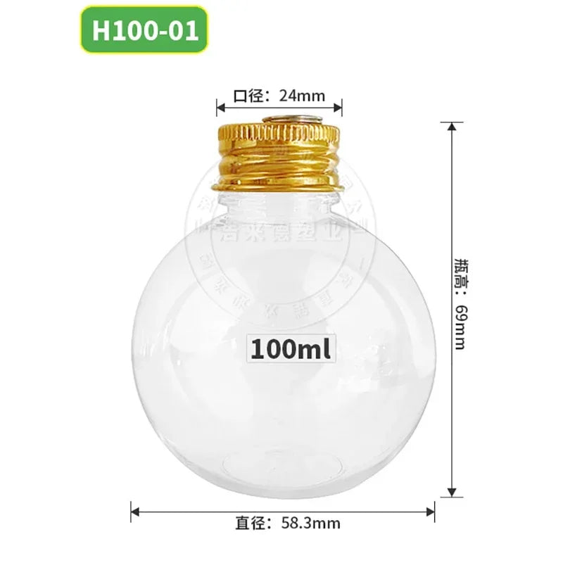50ml Gold Cap Transparent Fruit Juice Bottle Stubby Round Plastic Bottle Shaped Snowball Bottle Christmas Decorative Bottle Oasis Select Gold-100ml