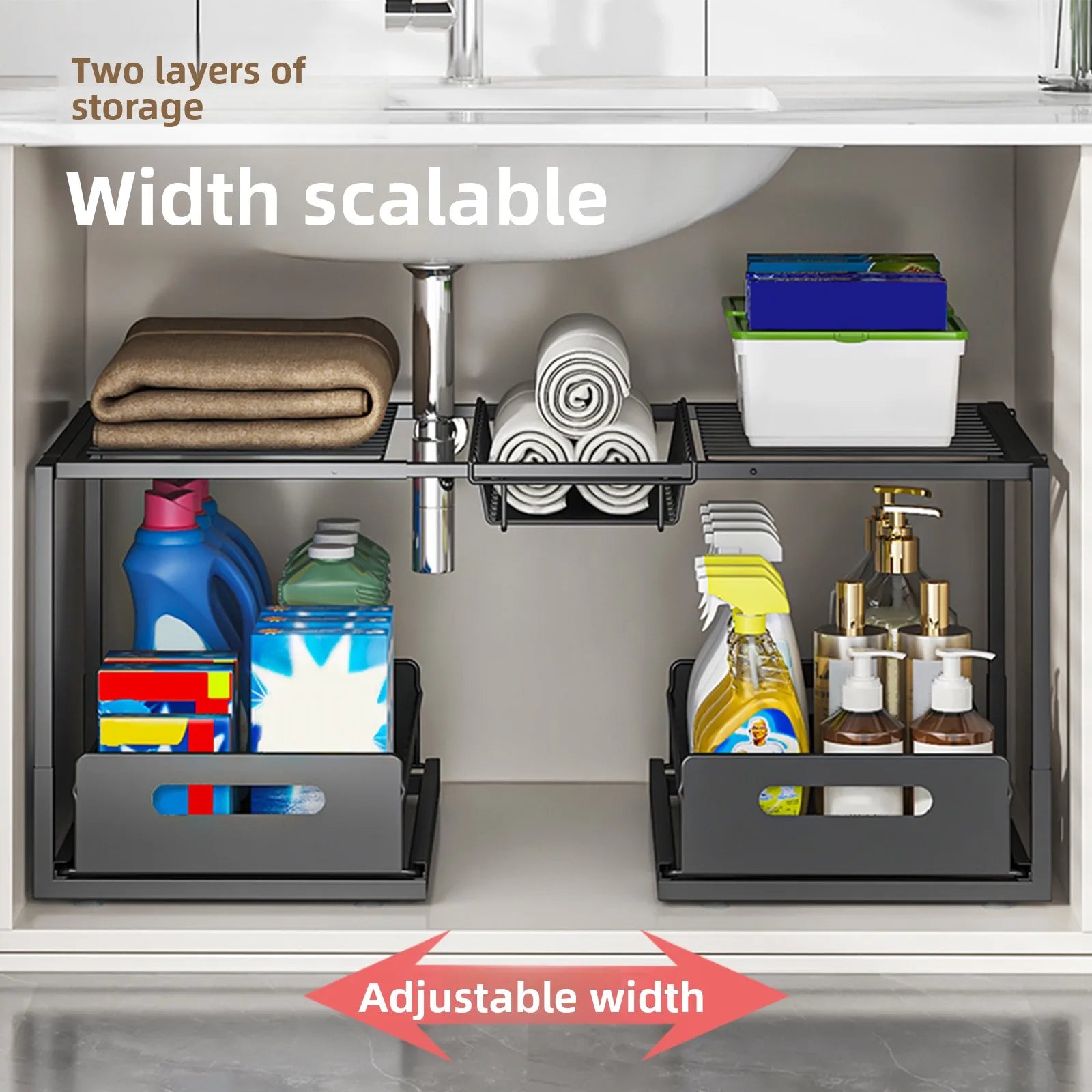 Kitchen retractable lower sink rack push-pull drawer storage rack storage basket cabinet layered pot storage rack Oasis Select