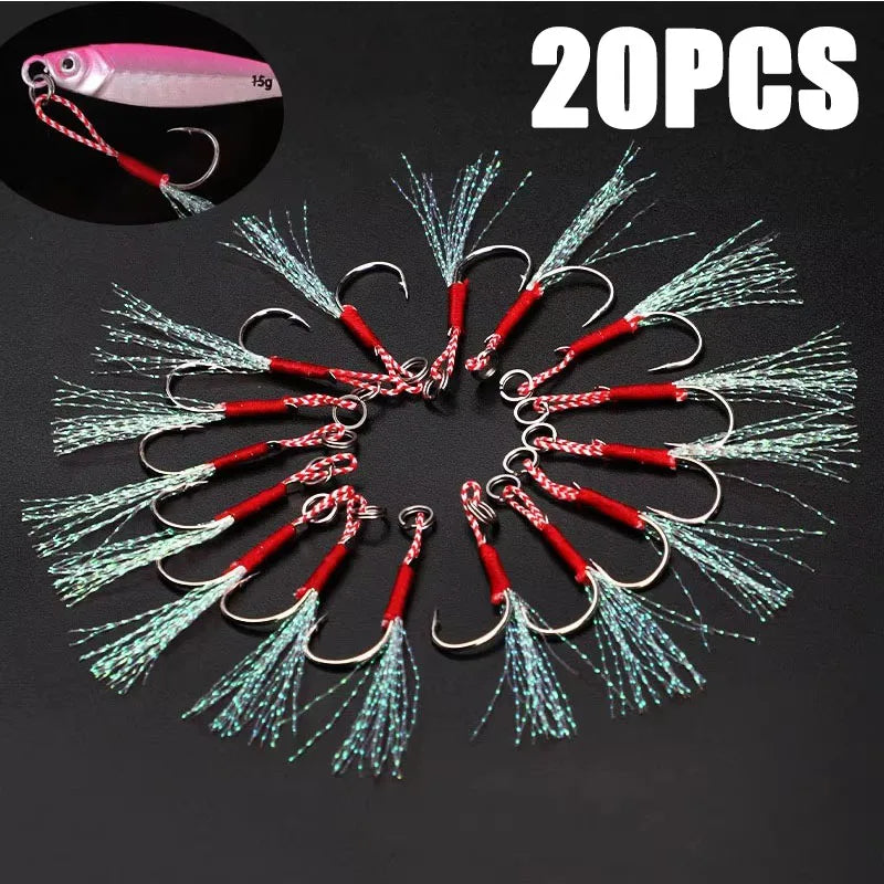 10/30/60pc Fishing Hook Jig Double PairHooks Barbed Thread Feather Accessories Pesca High Carbon Steel Fishing Lure Slow Jigging Oasis Select 20 PCS 12