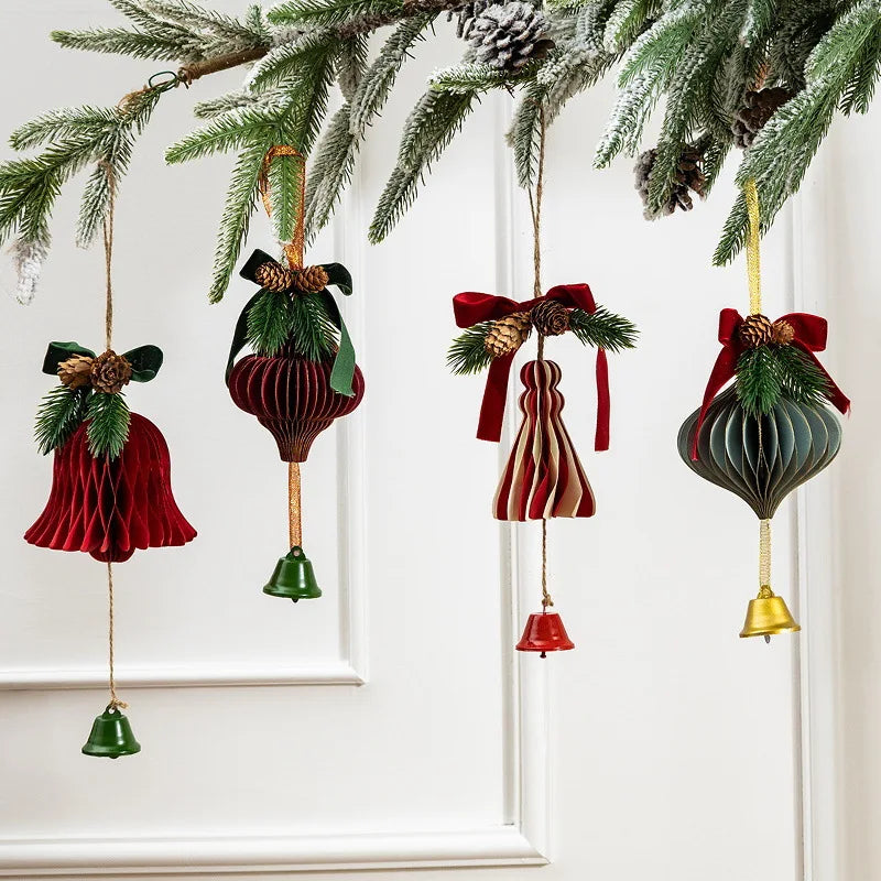 Christmas Honeycomb Bell Ornament – Paper & Velvet Hanging Decor