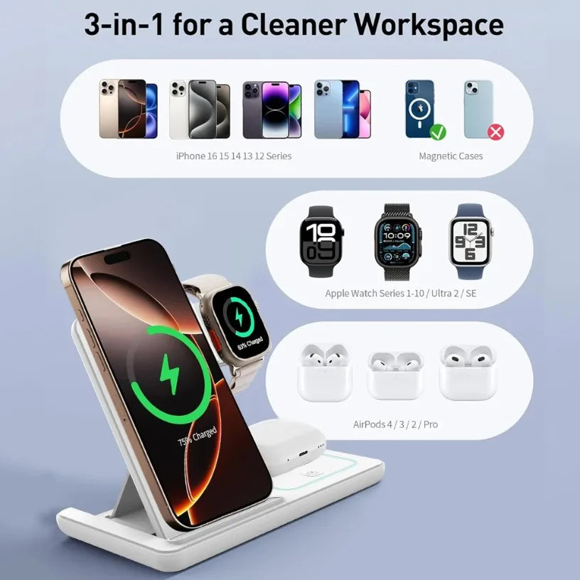 Foldable 3 In 1 Night LED Light Wireless Charger Quick Charging Dock For iPhone 16-12 Pro Samsung Apple Watch 2-8 SE Airpods Pro Oasis Select
