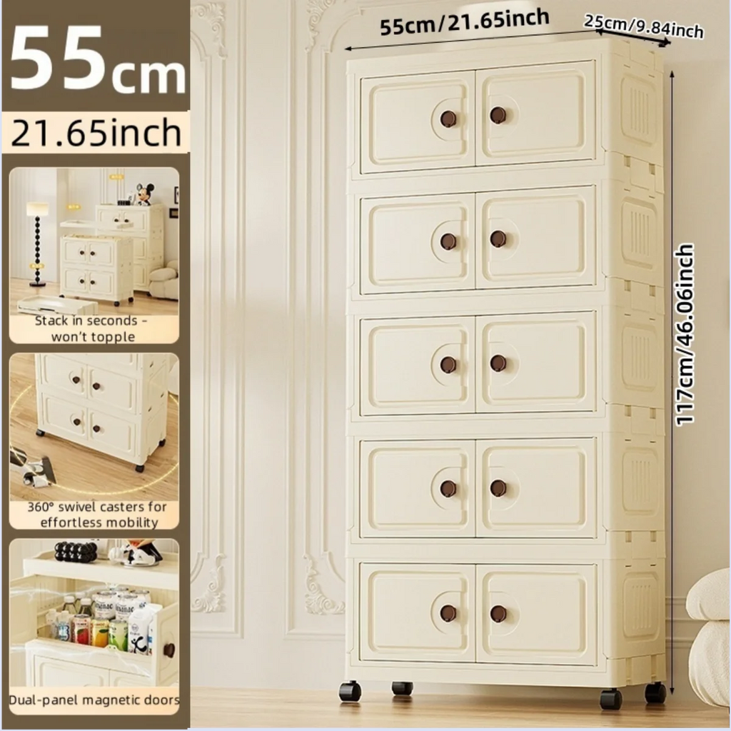 55cm Foldable Large Double-Door Storage Cabinet with Swivel Casters,3-6 Tier,Bedroom/Kitchen/Living Room Oasis Select Cream-5-Layers