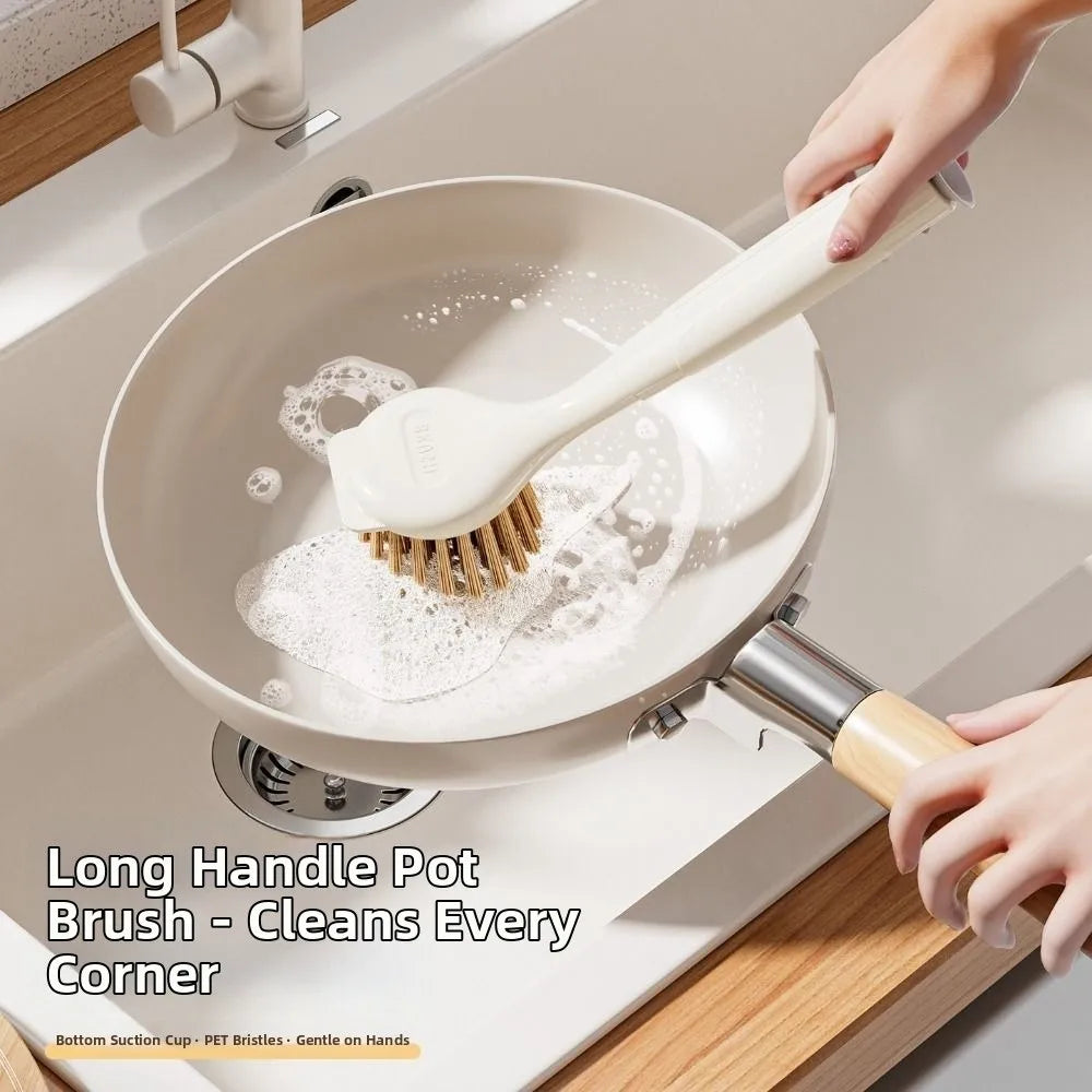 Long Handle Pot Brush Multipurpose Durable Dishwashing Brush with Suction Cup Bracket Dish Scrubber for Kitchen Pots Dishes Sink Oasis Select