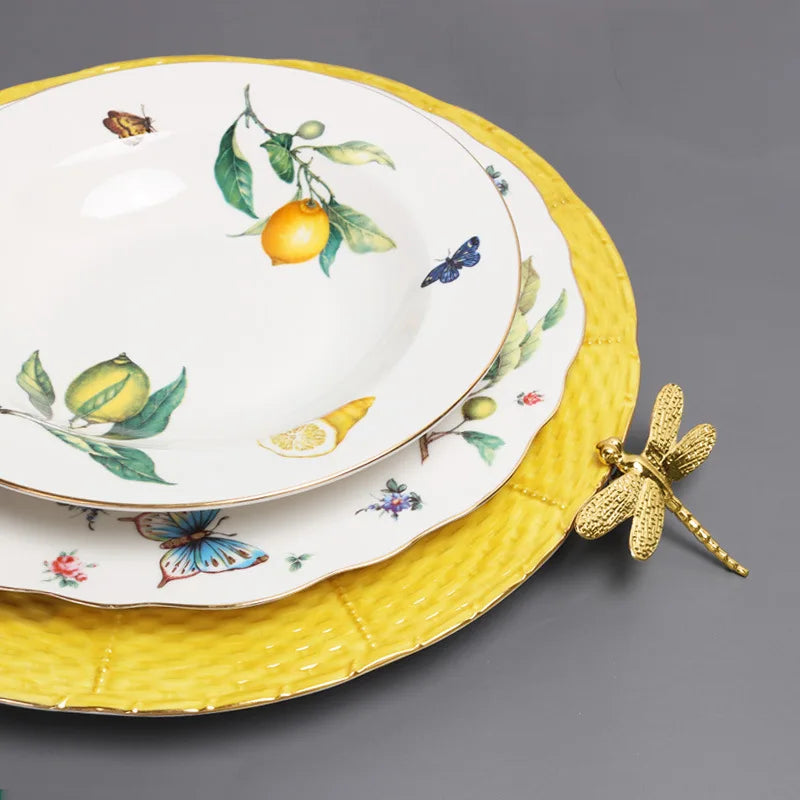 European Lemon Pattern Ceramic Dinner Steak Plate Bowl Fruit Candy Dim Sum Western Cuisine Plate Dishes Home Breakfast Plate Oasis Select