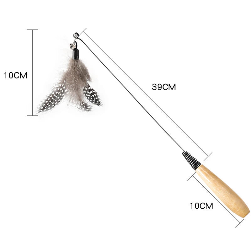 Spring Teasing Cat Stick Wooden Handle Cat Teaser Stick Toy Feather Funny Simulation Fishing Rod Bell Squeaky Cat Toy Oasis Select