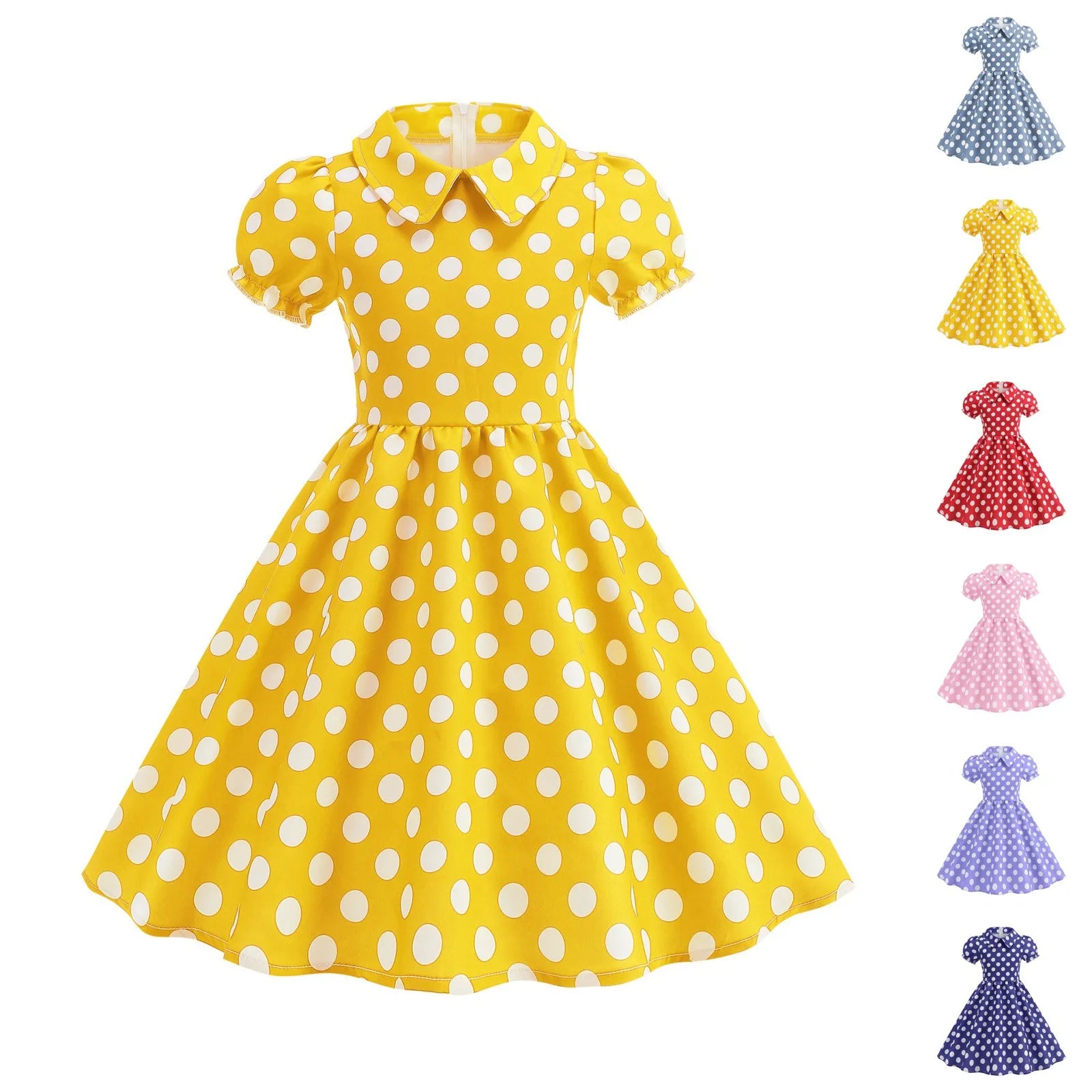 2025 Children Little Girl Vintage Summer Short Dress Turn Down Collar Polka Dot Print Cotton Princess Cocktail Dresses 1950s 60s Oasis Select