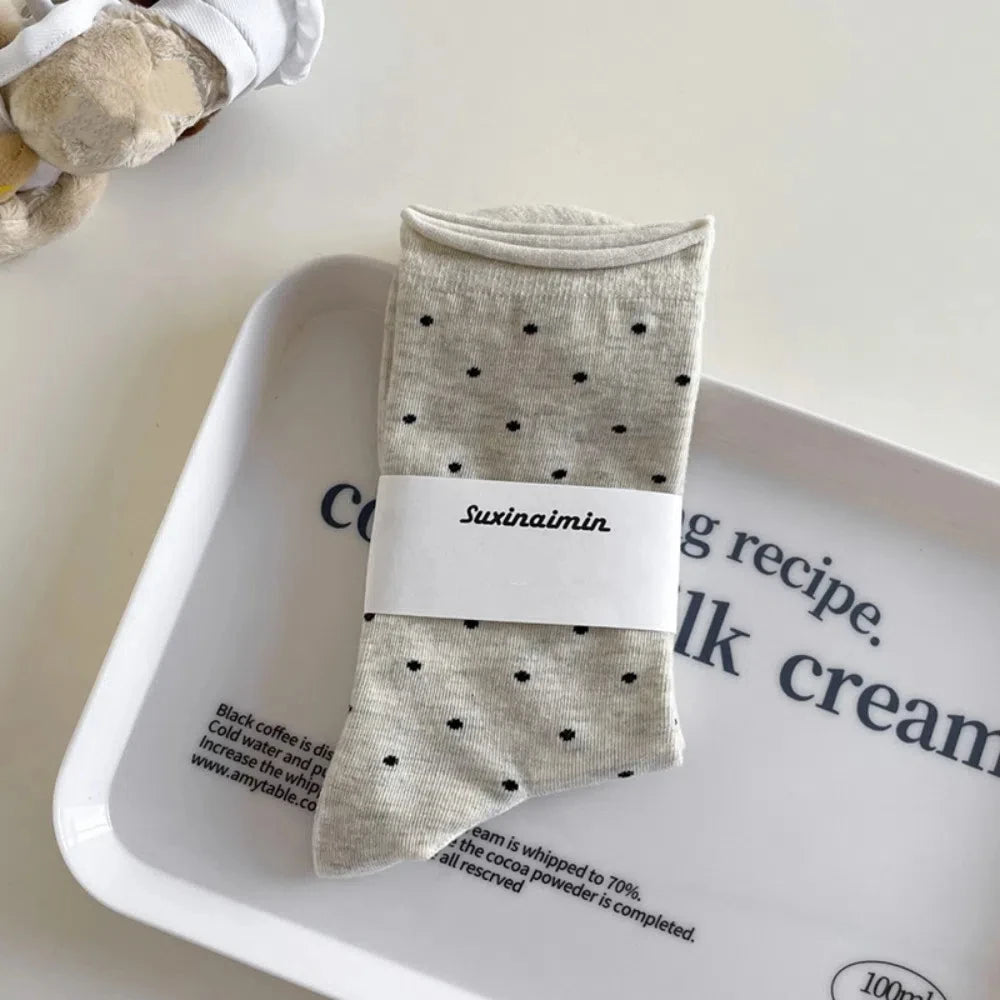 Comfortable Curled-edge Polka Dot Socks Thin Breathable Mid-Tube Socks Sweat Absorbent Women's Socks Summer Oasis Select Light Grey One Size