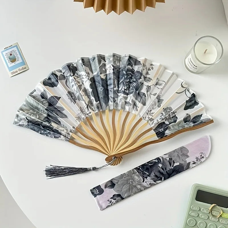 Traditional Chinese Ink Painting Folding Fan Portable Bamboo Cloth Hand Fan with Floral Pattern and Tassel for Qipao Accessory Oasis Select