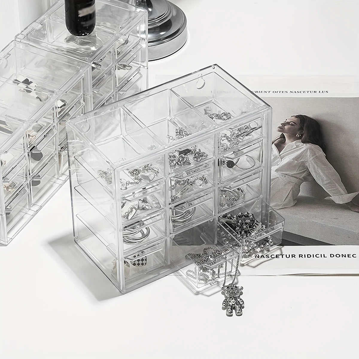 Transparent Desktop Multi Grid Jewelry Box Drawer Type Lipstick Cosmetics Dustproof Storage Box Oasis Select