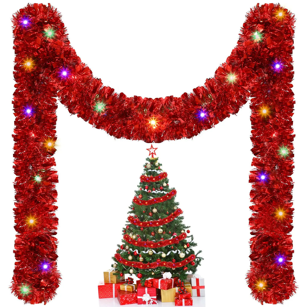 LED Christmas Tinsel Garland Artificial DIY Christmas Garland With LED Lights Xmas Metallic Twist Hanging Garland Fireplace 5m Oasis Select Red