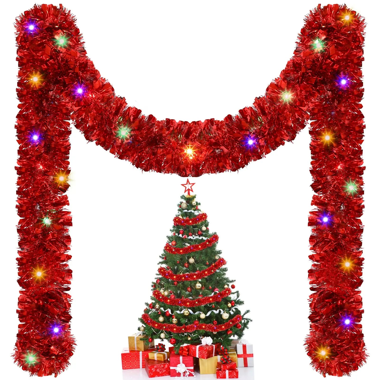 LED Christmas Tinsel Garland Artificial DIY Christmas Garland With LED Lights Xmas Metallic Twist Hanging Garland Fireplace 5m Oasis Select Red