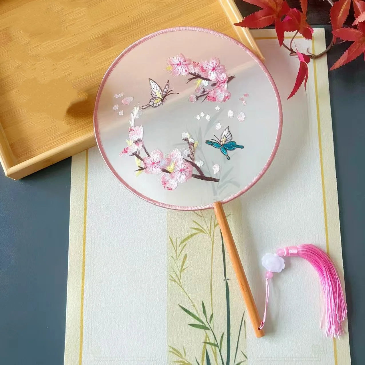 Chinese Style Silk Round Fan Double-sided Floral Embroidery Hand Fans with Tassel Summer Dance Fan For Women Wedding Home Decor Oasis Select Style 1