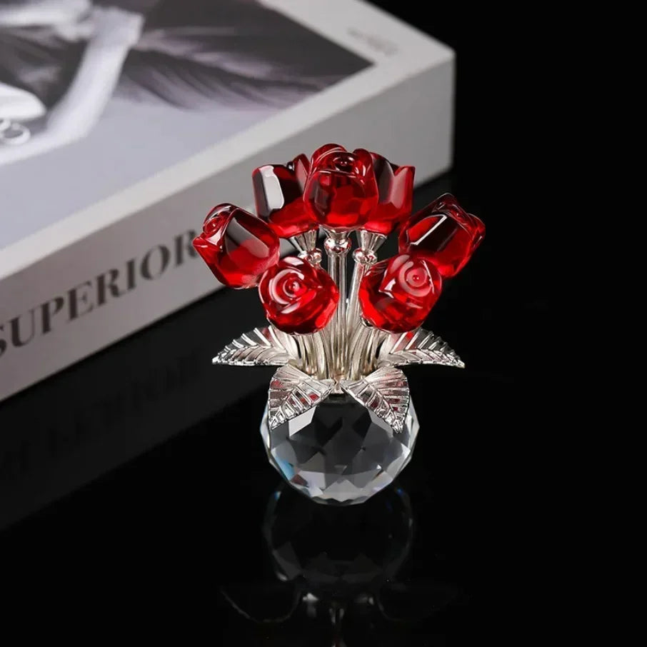 Crystal Red Rose Bouquet with Round Vase Figurines Gifts for Women Glass Bouquet Ornament Romantic Gifts Table Centerpiece Oasis Select