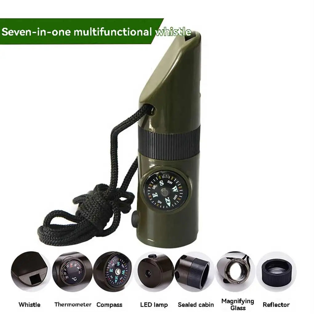 7-in-1 Survival Whistle with LED Light Compass Thermometer Essential Emergency Safety Gear For Outdoor Hiking Camping Adventures Oasis Select
