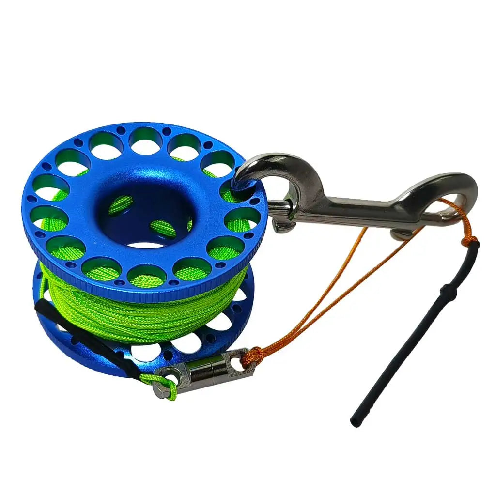 30M Aluminum Alloy Scuba Diving Spool Finger Reel with Stainless Steel double ended hook Cave Tech Wreck Diving Finger Reel Oasis Select Green-Blue 30M