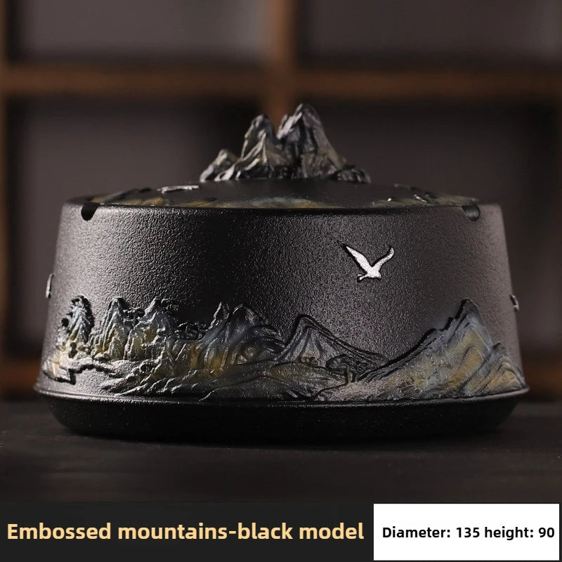 Chinese Style Relief Mountain Ashtray High-end Atmospheric Upscale Home Office Large Size with Lid Windproof Ashtray Oasis Select A simple packaging