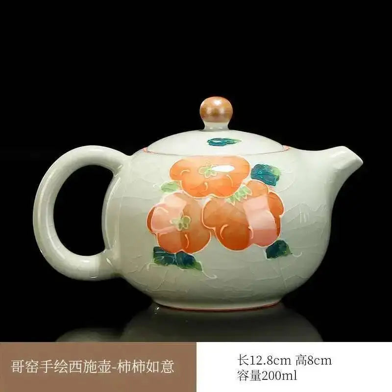 Multiple underglaze color hand-painted Ge kiln tea pots, ceramic ice cracked glaze single pot, Xi Shi pot, Kung Fu tea set tea Oasis Select And Persimmon Ruyi
