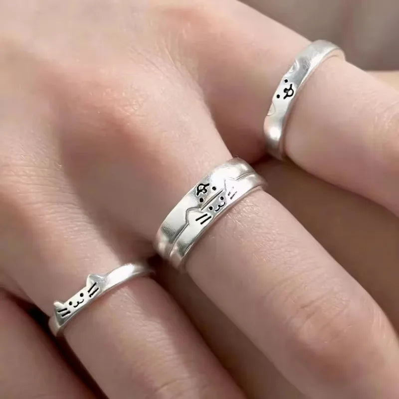 Kawaii Cat Dog Animal Couple Ring for Women Men Fashion Size Adjust Lover Rings Valentine's Day Party Jewelry Gifts Oasis Select