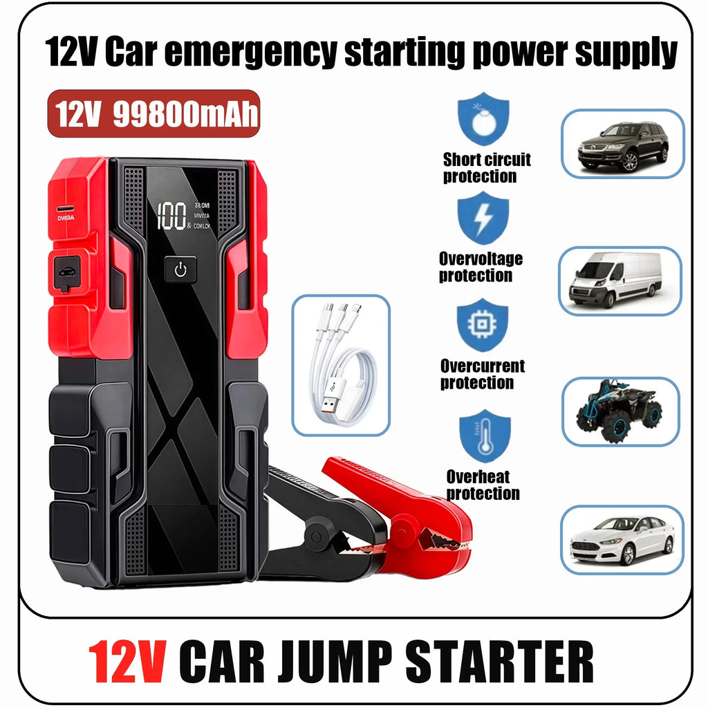 New 12V 99800mAh Car Jump Starter ,Portable Emergency Power Bank Battery Booster with LED Light, USB, for SUV Van Motorcycle ATV Oasis Select