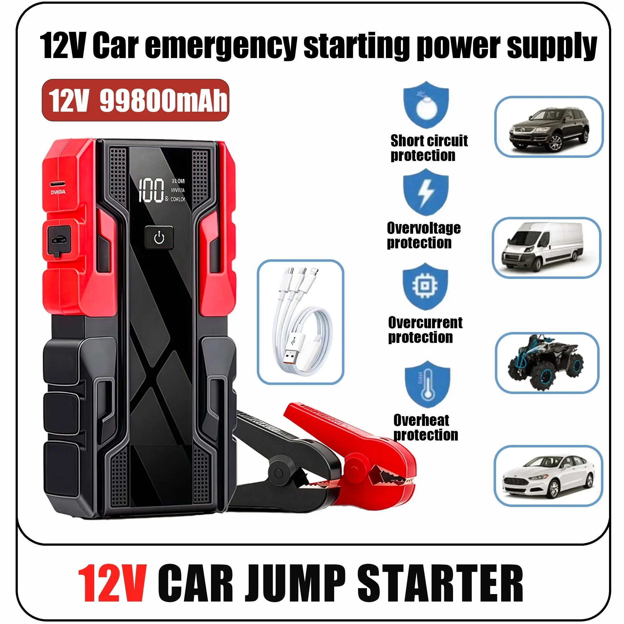 New 12V 99800mAh Car Jump Starter ,Portable Emergency Power Bank Battery Booster with LED Light, USB, for SUV Van Motorcycle ATV Oasis Select