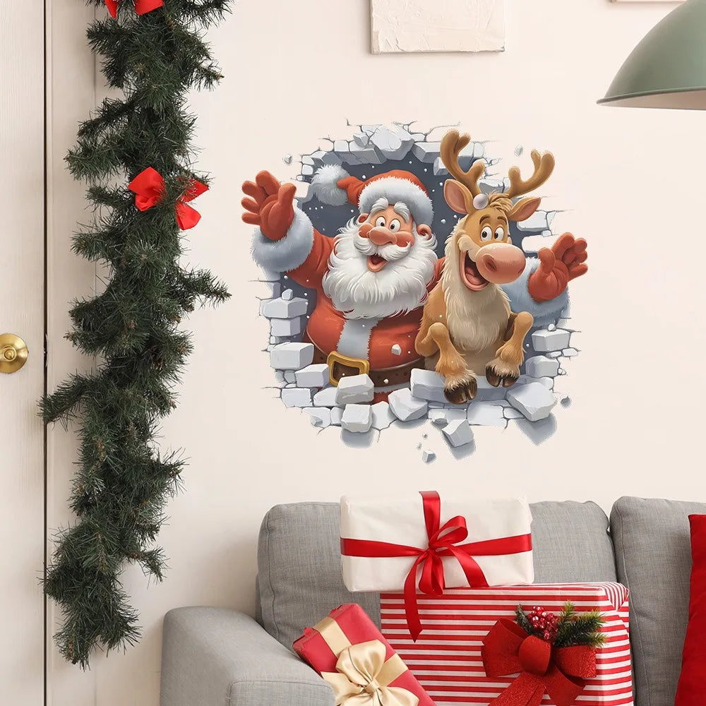 Self Adhesive Removable 3D Santa Claus and Rudolf Wall Stickers，Christmas Decorative Stickers Oasis Select