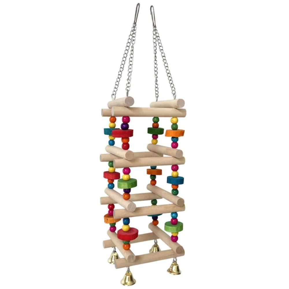 Colorful Wooden Parrot Climbing Ladder Toy with Bells | Bird Cage