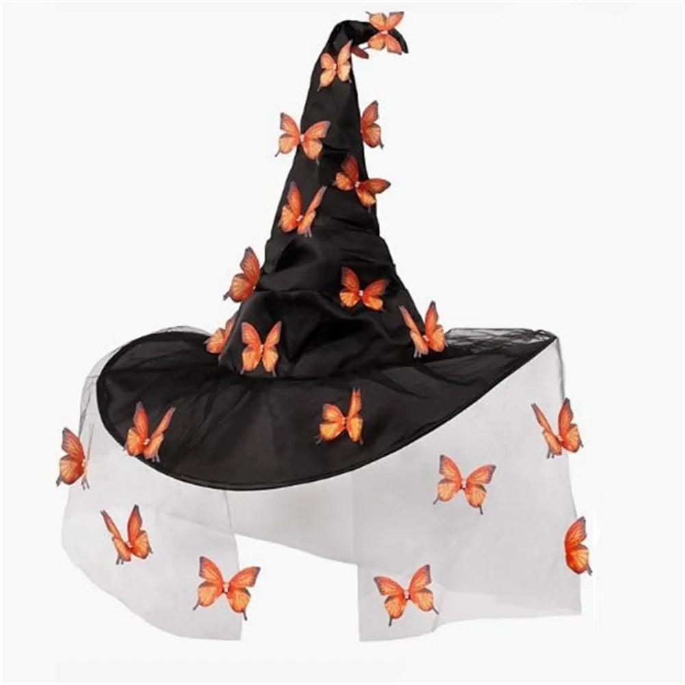 Halloween Witch Hat Butterfly Mesh Folds Hats Masquerade Party for Kids Adult Women Men Cosplay Props Costume Accessories Oasis Select Orange 2
