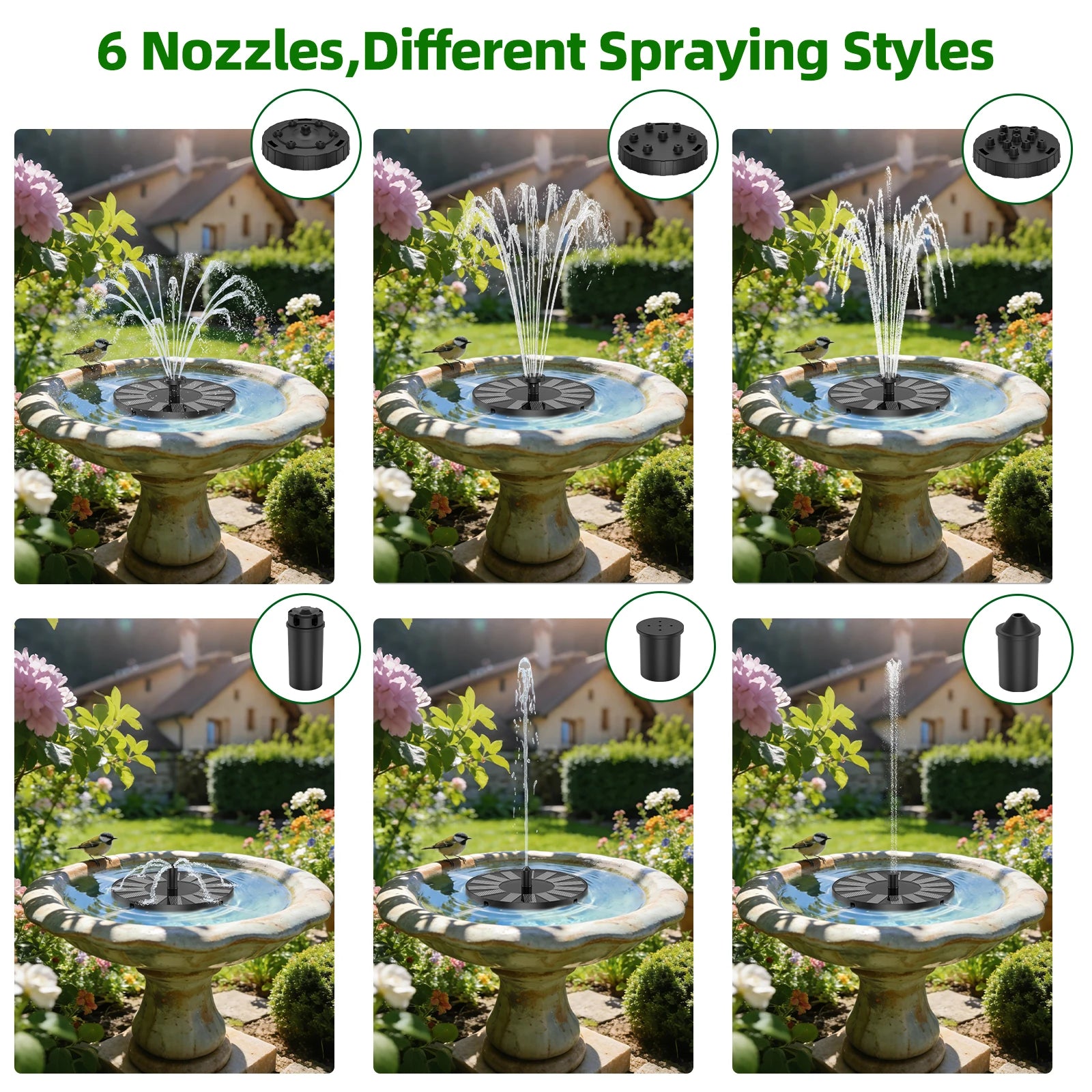 1.4W Solar Water Fountain Bird Bath Pump with 6*Nozzle&4*Crash Bar Durable Powerful, Perfect for Bird Bath Garden Pool Aquarium Oasis Select