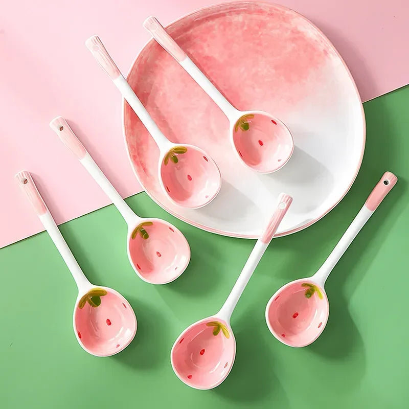 Kitchen Accessories Kawaii Strawberry Ceramic Soup Spoon Cute Korean Ice Cream Hand Painted Coffee Dessert Long Handle Spoon Oasis Select