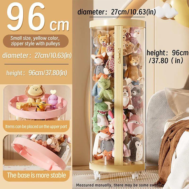 Transparent Doll Storage Box Plush Toy Organization Toy Storage Tube DIY Zipper Bins Kid Christmas Gift Children's Toy Organizer Oasis Select yellow-S-With wheel