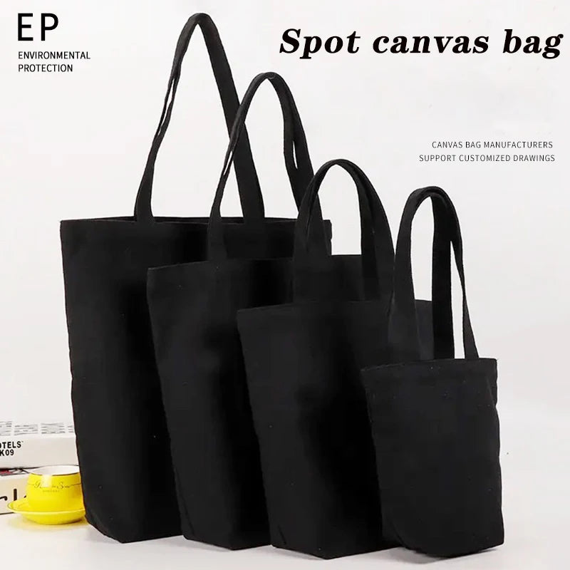 Black Canvas Tote Cotton Bags Large Capacity Handbag Folding Cosmetic Bag Student Shoulder Bags Canvas Shopping Bag Oasis Select