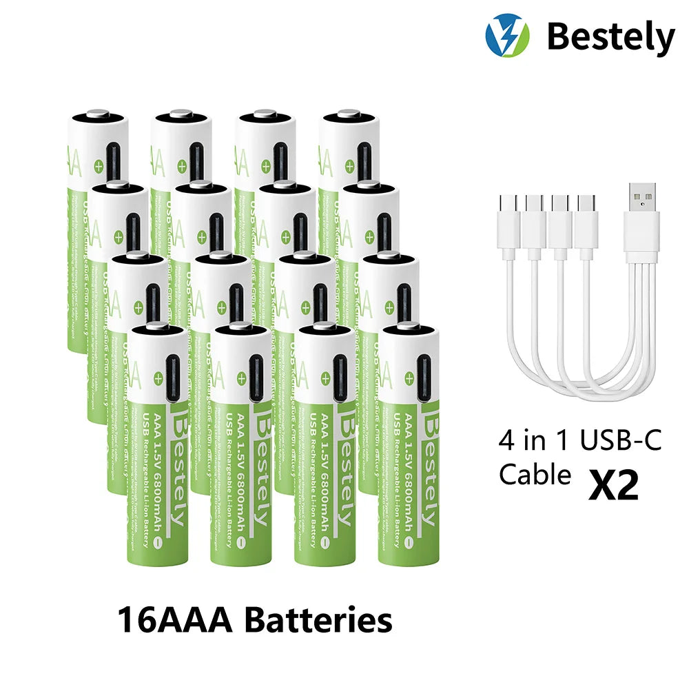 AAA Battery Rechargeable 2000+ Cycles 1.5V 6800mAh Li-ion Type-C Charging Triple Safety Long-Lasting Power Batteries Oasis Select 16 pcs AAA Batteries