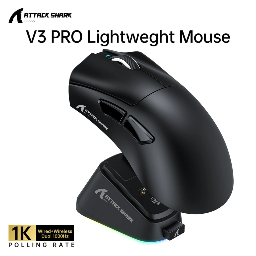 ATTACK SHARK V3Pro Wireless Gaming Mouse Tri-Mode 2.4G/BT/Wired PAW3311 25000DPI 65g Lightweight Magnetic RGB Charging Dock Oasis Select ATS-V3pro Black