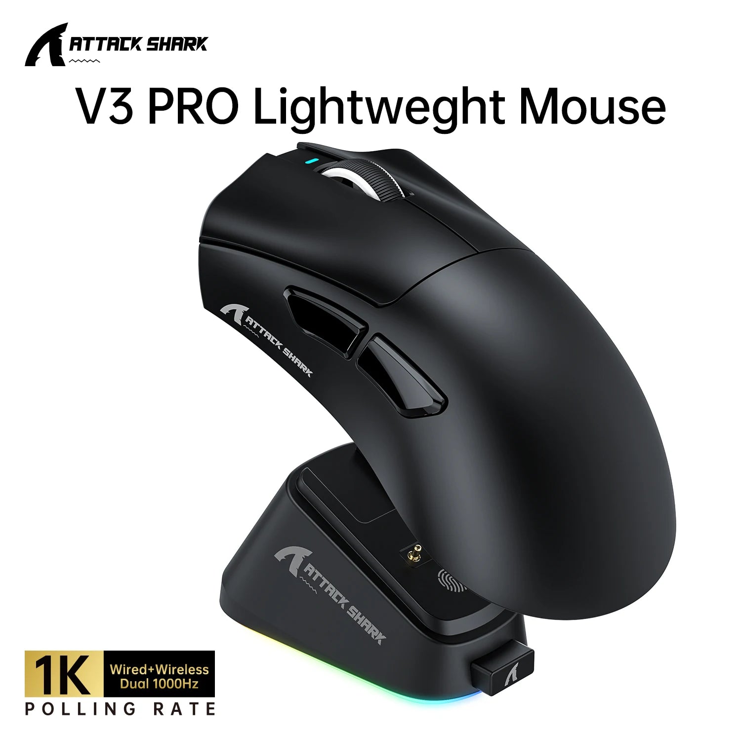 ATTACK SHARK V3Pro Wireless Gaming Mouse Tri-Mode 2.4G/BT/Wired PAW3311 25000DPI 65g Lightweight Magnetic RGB Charging Dock Oasis Select ATS-V3pro Black