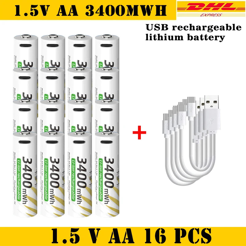 AAA and AA Rechargeable Batteries USB Lithium-ion 3400mWh 1.5V AA Rechargeable Batteries+800mWh 1.5V AAA Battery+ Type-C Cable Oasis Select 1.5V AA 16pcs-Cable