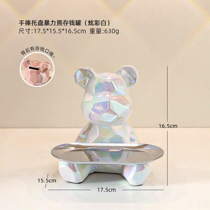 Colorful Electroplated Bear Decor Tray & Piggy Bank | Ceramic Decorative Bear Tray Oasis Select Hand holding tray violent bear piggy bank [colorful White]]