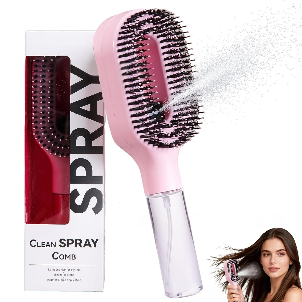 2-in-1 Spray Comb Hairbrush with Scalp Massage & Mist Bottle Spray Comb Hairbrush Oasis Select Pink 1PCS