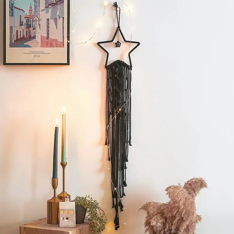 Handmade Black Star & Moon Cotton Rope Dream Catcher Boho Wall Hanging Oasis Select