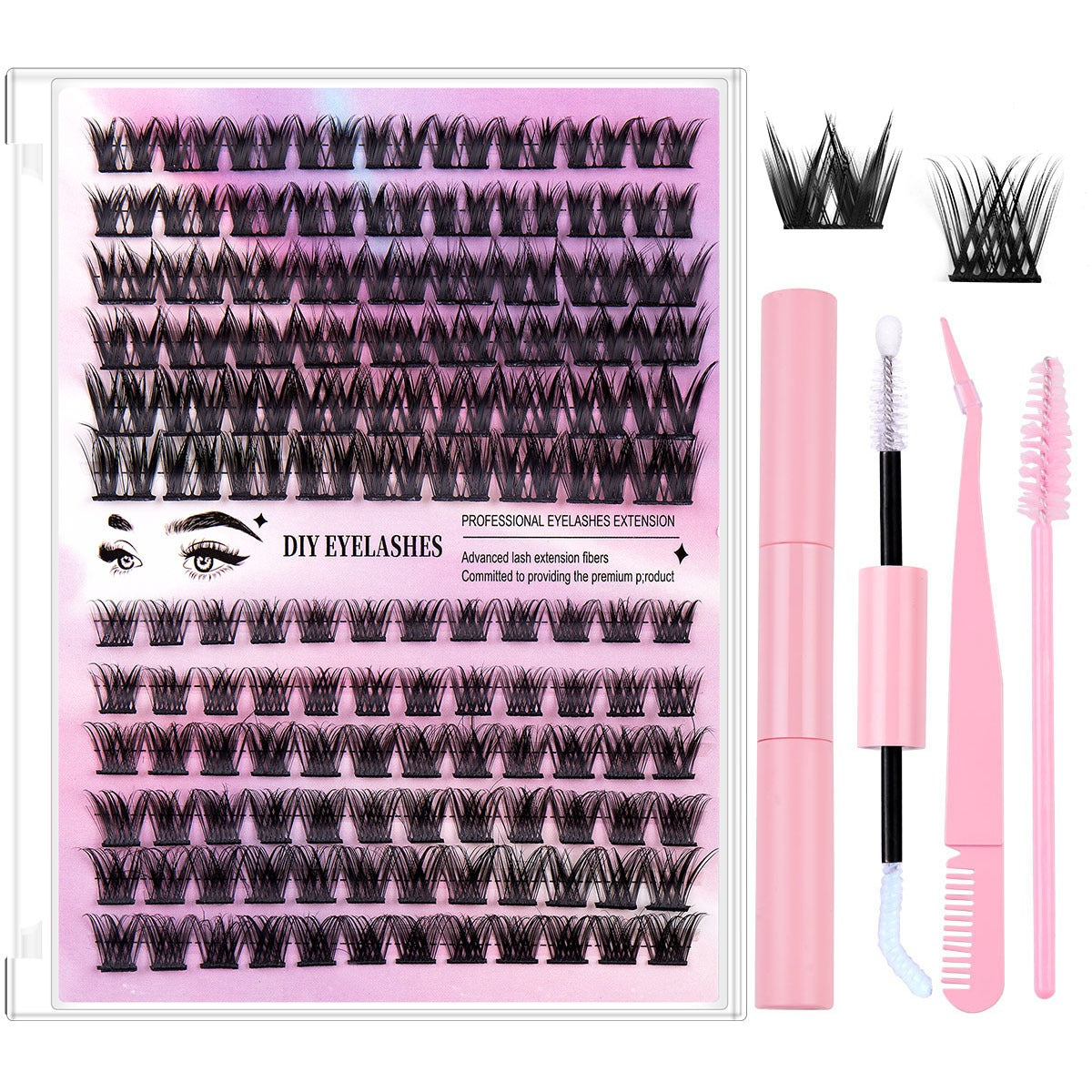 Segmented Fishtail False Eyelashes DIY Lash Kit | Oasis Select False Eyelash Kit Oasis Select Pink Double-headed Glue Brush Tweezers Style6