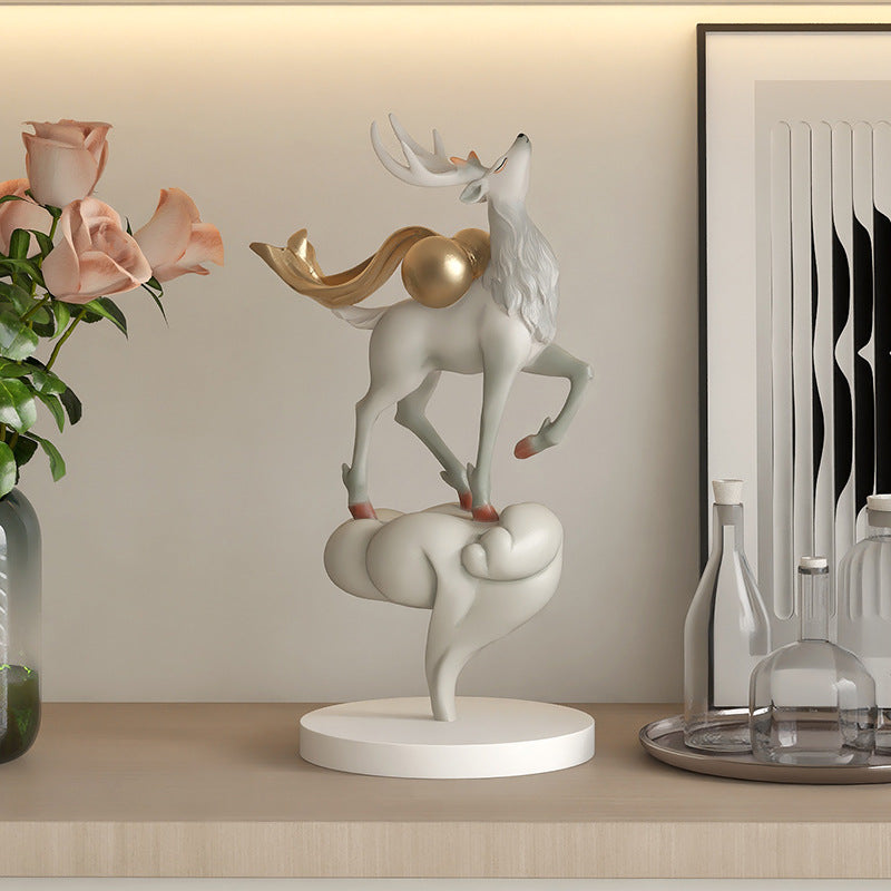 Elegant Resin Deer Figurine | Luxury Home Decor & Gift Decorative Figurine Oasis Select Fulu Double Full Desktop Ornaments-Morandi Grey [39cm High]]