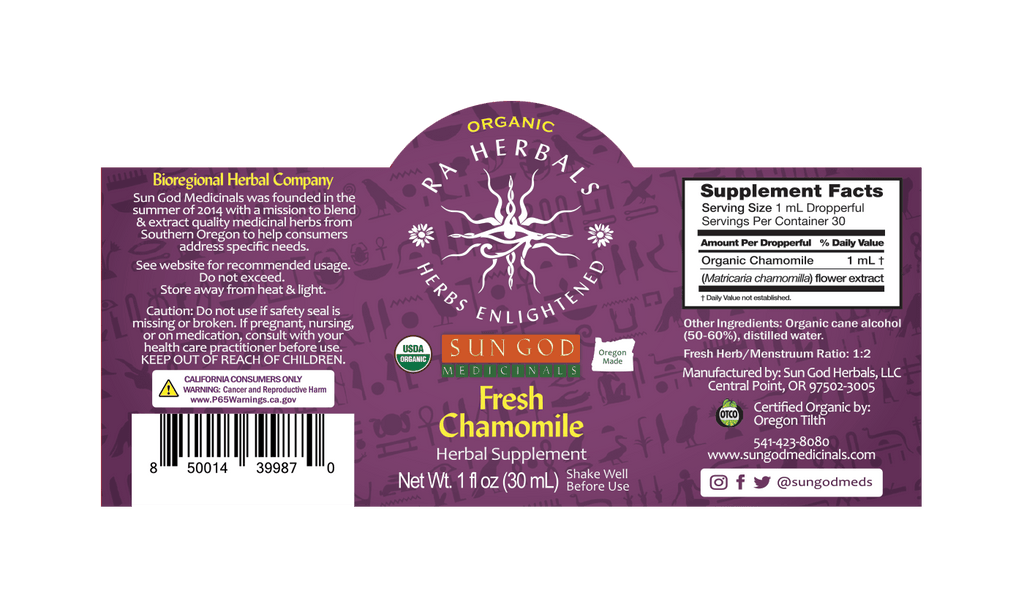 Organic Fresh Chamomile Tincture | Ra Herbals Liquid Extract Herbal Tincture Oasis Select